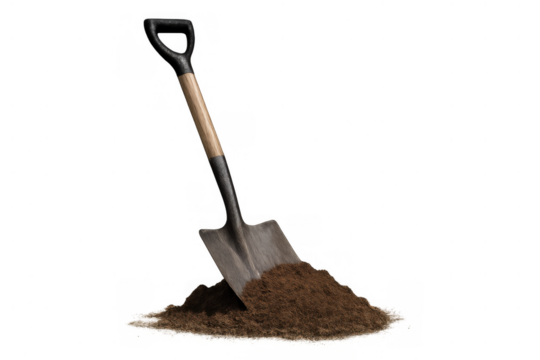 Shovel standing in a pile of brown soil, illustrating gardening, digging, and agricultural work on transparent background