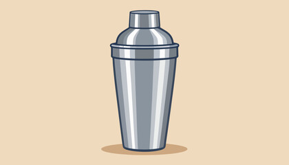 Illustration of a shiny metal cocktail shaker on a beige background.