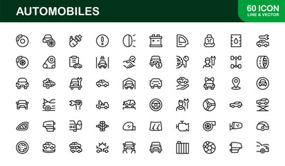 Stylish Automobiles icons set representing car repair, transport service, and automotive innovation