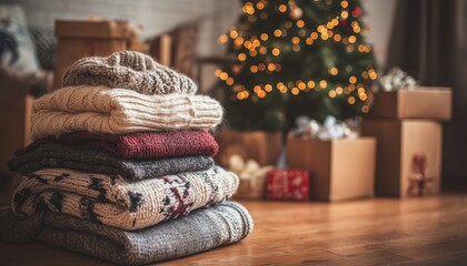 Christmas Donation Hampers For Refugees And Homeless: Xmas Charity Box With Warm Clothes, Food, And Toys For Families In Need.