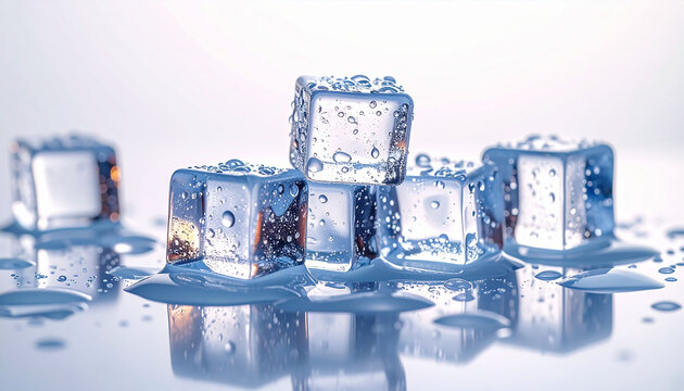 Close-up of ice cubes melting on a reflective surface.