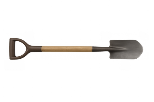 Shovel tool for gardening, construction and digging work with wooden handle and metal blade on transparent background