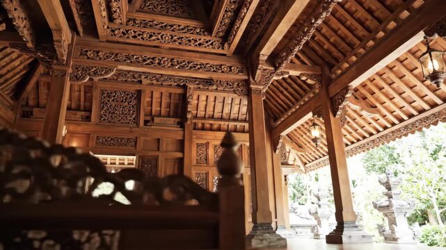 Traditional Javanese Wooden Carving Interior Architecture with Intricate Details and Cultural Patterns
