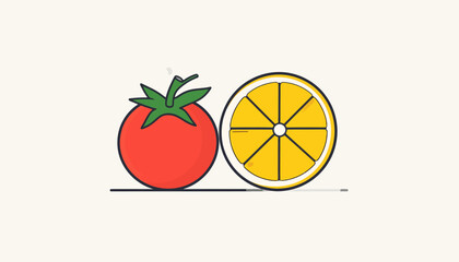 A cartoon illustration of a tomato and a sliced lemon side by side on a line.