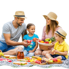 Family enjoying a picnic with fresh fruit and food isolated on transparent background