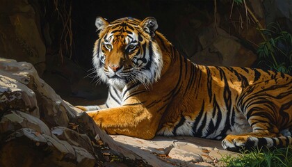 A majestic tiger resting in a sunlit rocky environment, its orange and black stripes contrasting with the shadows