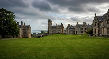 Imposing historic stone buildings set against rolling green landscapes, with hints of a dramatic southern coastline and academic heritage ,beautiful ,ancient ,ambiance