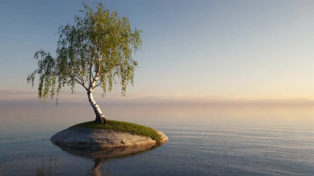 Minimalist landscape, a single green tree growing on a small rocky island in calm water, soft neutral background