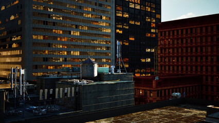 As the sun sets, the city skyline lights up with warm hues. Tall buildings shine with reflections, while rooftops showcase an urban landscape filled with life and energy.