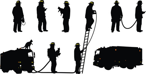 Firefighter silhouette, fire truck, rescue operation, emergency response, hose handling, ladder climbing, cat rescue, fire equipment, brave heroes, black figures, firefighting action, teamwork