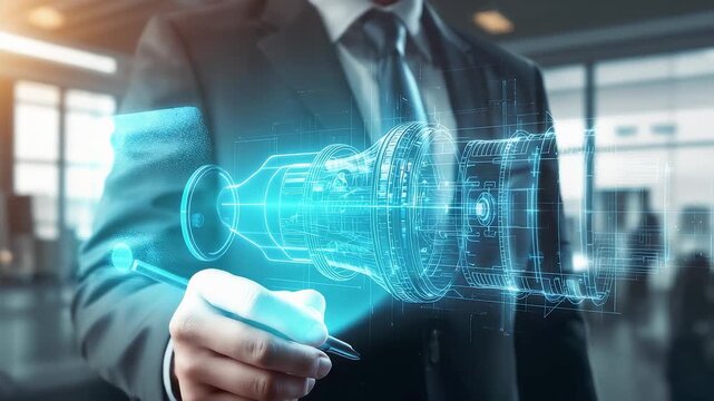 Business professional drawing a glowing holographic engine model with advanced digital visualization technology inside a modern corporate workspace
