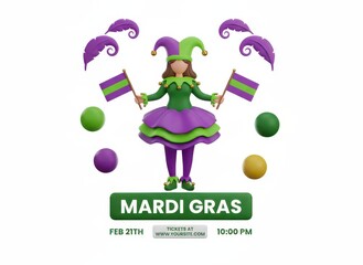 3D Mardi Gras Jester with Flags, Carnival Graphic Design, Party Invitation
