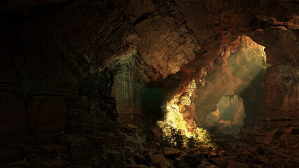 Explorers venture into a stunning cave, where vibrant light breaks through rocky openings, illuminating rich textures and lush greenery. Natures beauty captivates in this hidden underground world.