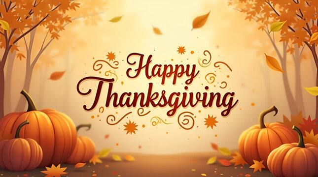 Elegant Happy Thanksgiving horizontal background, featuring a soft focus brown gradient with warm autumn tones, gentle bokeh light effects, and stylish white or golden typography, perfect for holiday