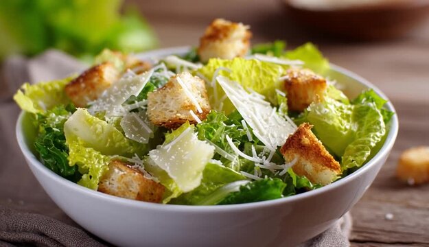 Fresh Caesar salad with crisp romaine lettuce, crunchy croutons, and shaved parmesan cheese in white bowl, appetizing and healthy meal
