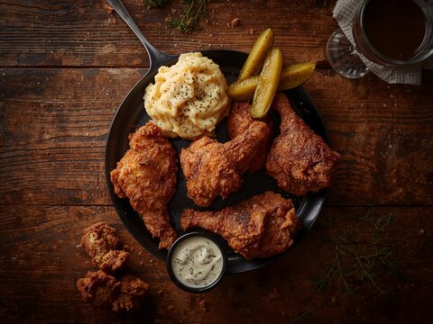 A classic American dish of fried chicken with mashed potatoes and pickles, served in a cast iron skillet. The hearty and rustic presentation highlights the essence of comfort food. - Powered by Adobe