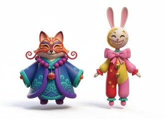 Cartoon Illustrations Fox and Rabbit Characters in Festive Costumes