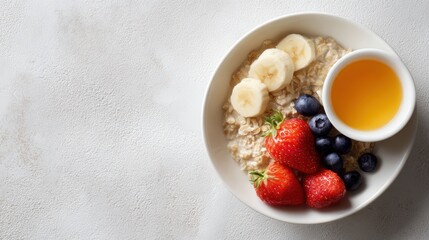 healthy breakfast flat lay with oatmeal, fruit, and vitamins