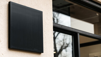 Blank black business sign on textured wall next to a glass window