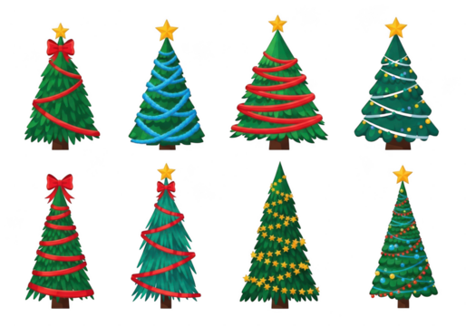 Collection of eight decorated christmas trees isolated on transparent background - Powered by Adobe