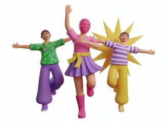 3D Cartoon People Dancing, Celebrating, Cheering, Isolated on White
