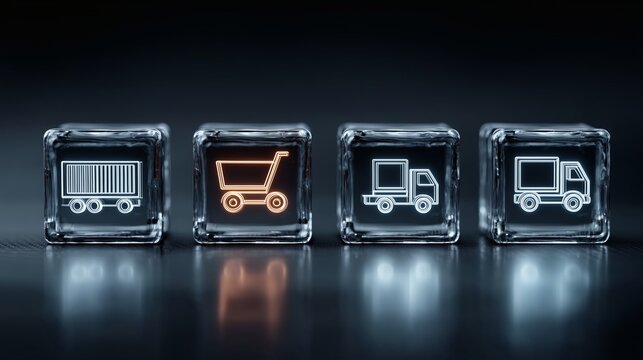 Online Shopping: A collection of luminous ice cubes showcase delivery service icons, cart, container, truck, and shopping cart, all symbols of commerce and the digital age.