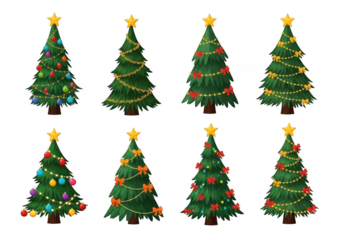 Collection of eight decorated christmas trees isolated on transparent background