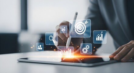 Person interacting with futuristic digital interface displaying business analytics and growth icons