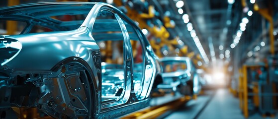 Fototapeta premium AI generator image of An automated automobile production line in an industrial factory uses industrial robots to assemble various parts. Each robot performs a specific task, such as cutting, welding, 