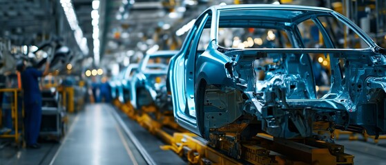 AI generator image of An automated automobile production line in an industrial factory uses industrial robots to assemble various parts. Each robot performs a specific task, such as cutting, welding, 