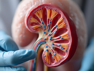 Macro close‑up of a kidney model showing tubules and nephron segments, labeled with color codes, gloved hand for scale