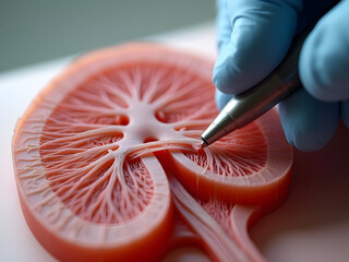 Macro shot of gloved finger tracing a path from renal artery to nephron on a high‑fidelity 3D kidney model, with tiny scale marks