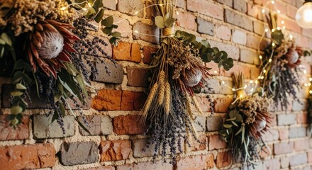 barn, rustic, dried flowers, weathered, brick wall, autumn, natural, cozy, botanical, vintage, floral arrangement, harvest, organic, earthy
