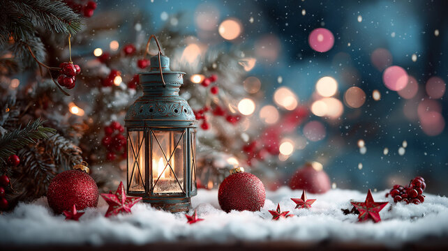Winter, christmas winter, snowfall in winter magical christmas scene with a vintage lantern glowing warmly amidst snow, festive ornaments, and a decorated tree with bokeh lights