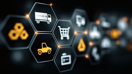 Digital Delivery: An eye-level shot captures a cluster of interconnected icons representing various aspects of logistics, supply chain and digital transportation, against a dark backdrop.