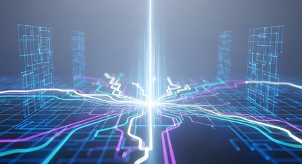 Abstract digital network with glowing lines, data streams, and futuristic cityscape elements.