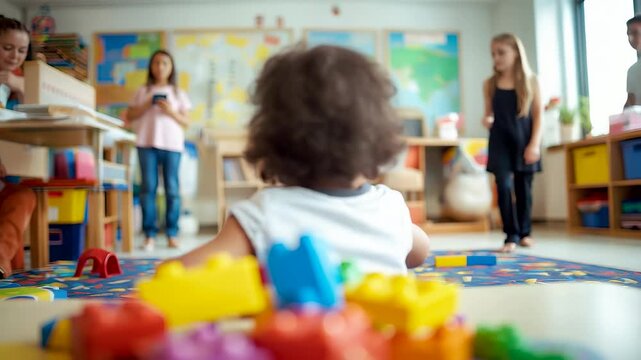 Small child sitting on colorful carpet in bright kindergarten classroom surrounded by toys and other children playing in cheerful atmosphere