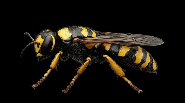 European paper wasp showing its yellow and black stripes on dark background