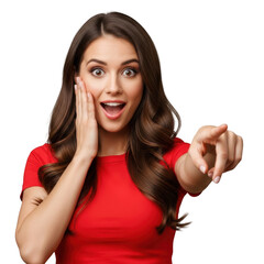 Surprised woman pointing finger isolated on transparent background
