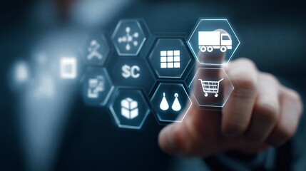 Digital Logistics: A finger points at a digital representation of supply chain. The intricate details of logistics, with focus on delivery.