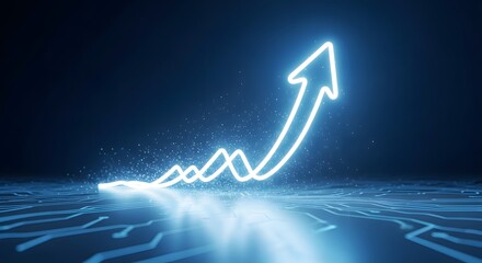 Digital growth concept with glowing upward arrow over circuit board network, future technology.