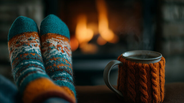 Winter, christmas winter, snowfall in winter cozy winter evening with feet in warm knitted socks near a fireplace and a steaming cup of tea, creating a sense of comfort and relaxation