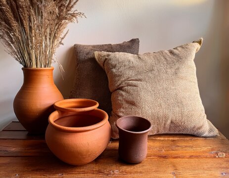 rustic clay pots and textured cushions on wooden surface earthy decor and home aesthetics