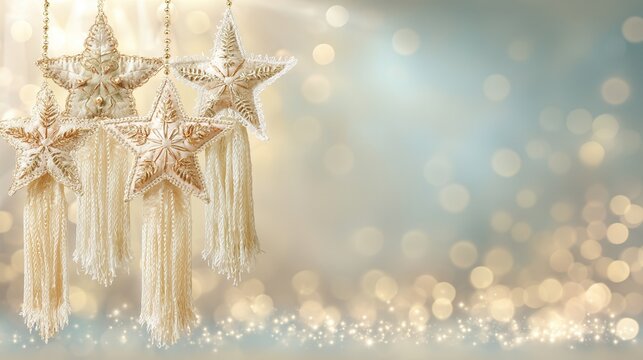 christmas patchwork concept. Decorative stars with shimmering background and bokeh lights.