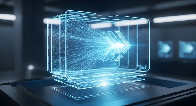 Futuristic data visualization with glowing blue network connections and digital arrow projection.