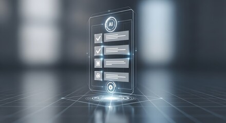 Artificial intelligence interface with checklist icons, data analysis, and location pin, futuristic concept.