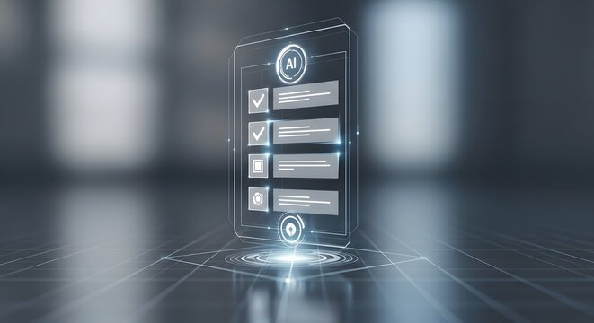 Artificial intelligence interface with checklist icons, data analysis, and location pin, futuristic concept.