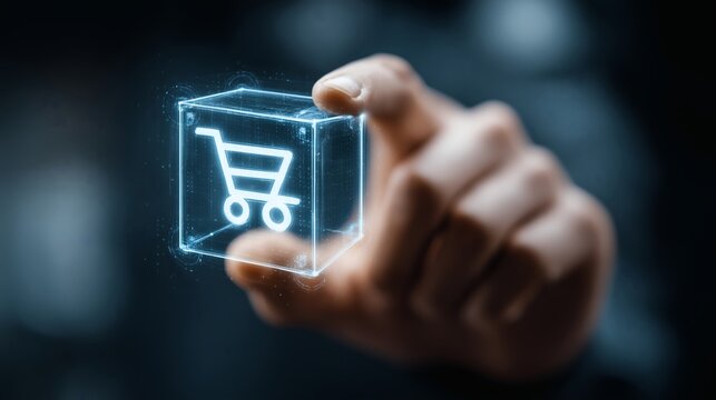 Digital Cart Concept: A hand delicately cradles a luminous, three-dimensional cube, on which a radiant shopping cart icon floats, representing the core concept of online shopping and commerce.