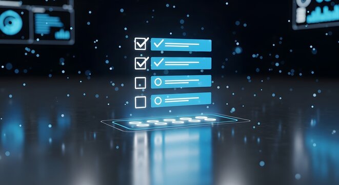 Digital task list with checkmarks floating above a smartphone, representing productivity and efficiency.