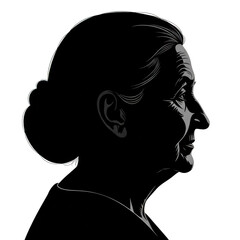 Detailed silhouette portrait of an elderly woman isolated on transparent background